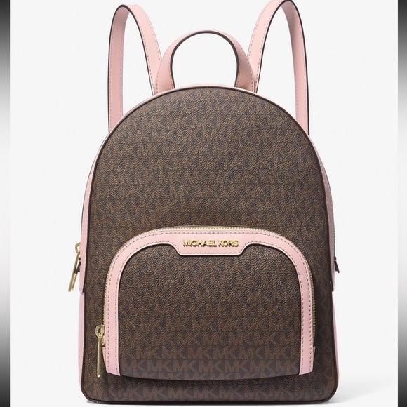 NWT Michael Kors Jaycee Medium Logo Brown and Pink Backpack (Powder Blush) - Picture 1 of 4